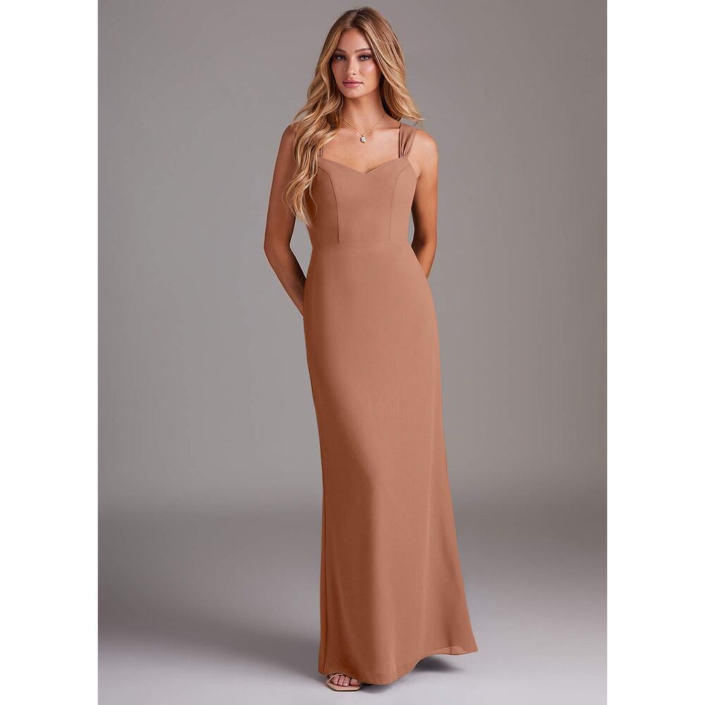 azazie bronzer sleeveless maxi length bridesmaid dress size a 2
